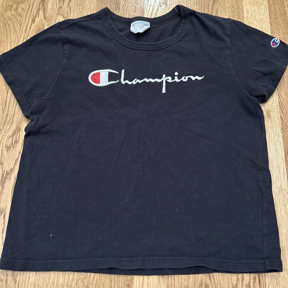 Vintage Y2K Champion T Shirt Women's Large Logo Embroidered Black Size L